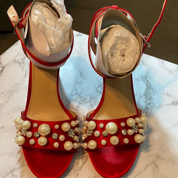 Steve Madden Heels Woman Straps Heels Rhinestones Pearls Size 10 Red - Picture 1 of 10